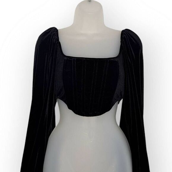 Missguided Women’s Black Velvet Puff Sleeve Corset Crop Top size 4 US - Picture 2 of 8